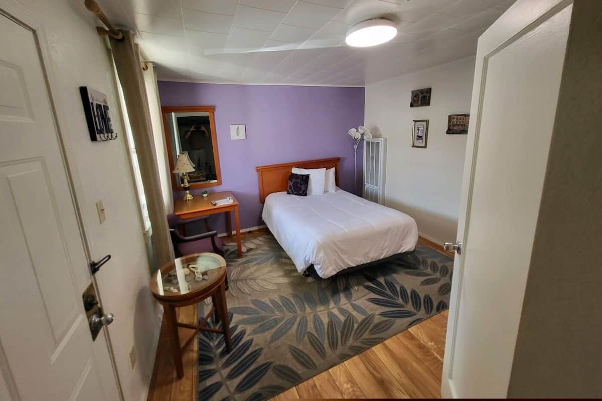 A hotel room with a bed, a desk, a chair, a mirror, and a radiator.