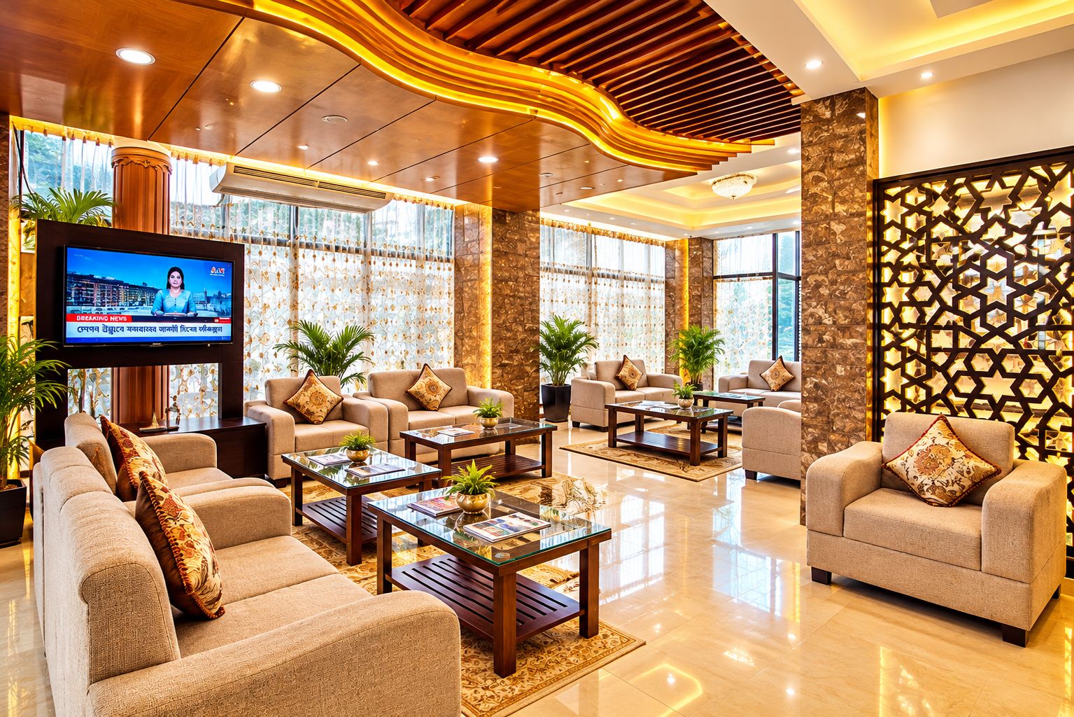 A spacious lobby with multiple seating areas, a television displaying news, and decorative elements like plants and patterned walls.