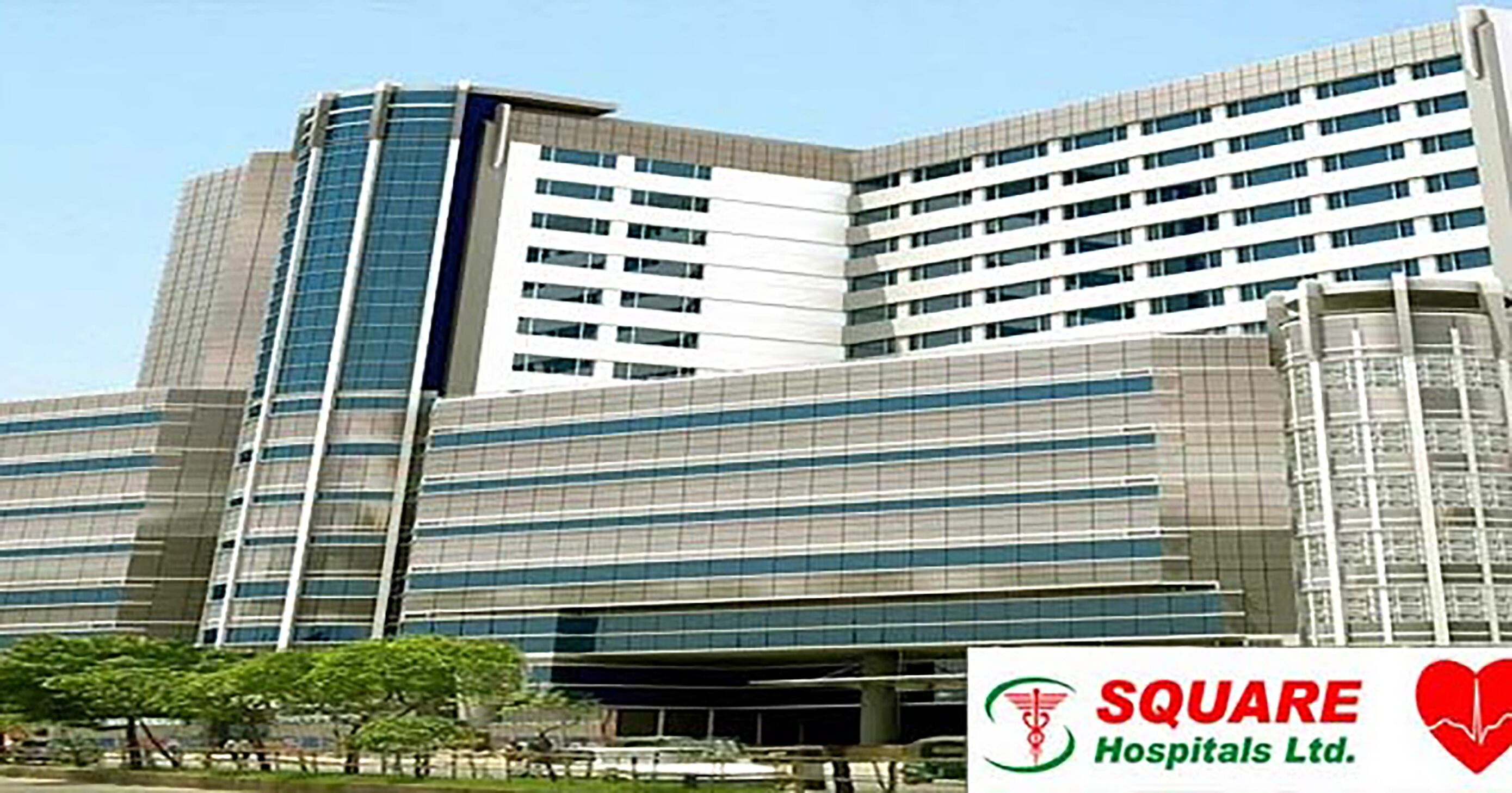 A modern hospital building with multiple floors and a prominent logo for Square Hospitals Ltd.