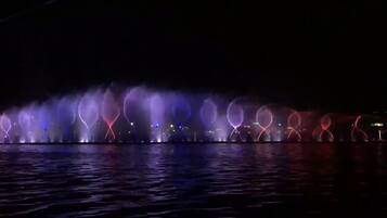 A nighttime water fountain display with illuminated jets.