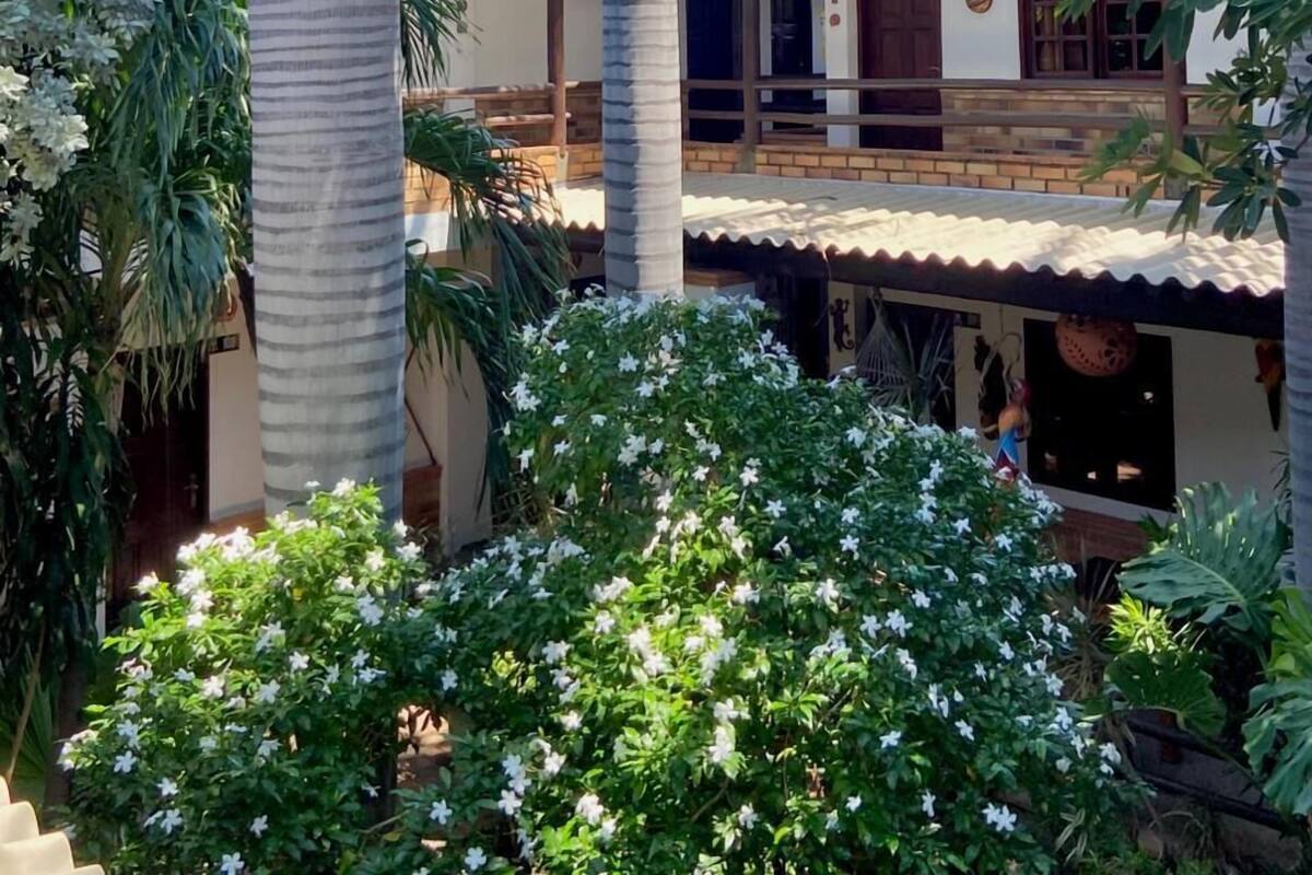 A two-story building with a white facade, a balcony, and a garden with white flowering plants and palm trees.