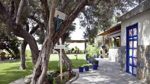 A courtyard with a stone pathway, a blue door, and potted plants. - Sahin Motel & Restaurant (Bodrum)