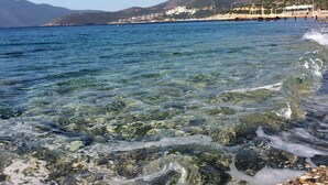 A coastal scene with clear water, rocky shore, and buildings in the background. - Sahin Motel & Restaurant (Bodrum)