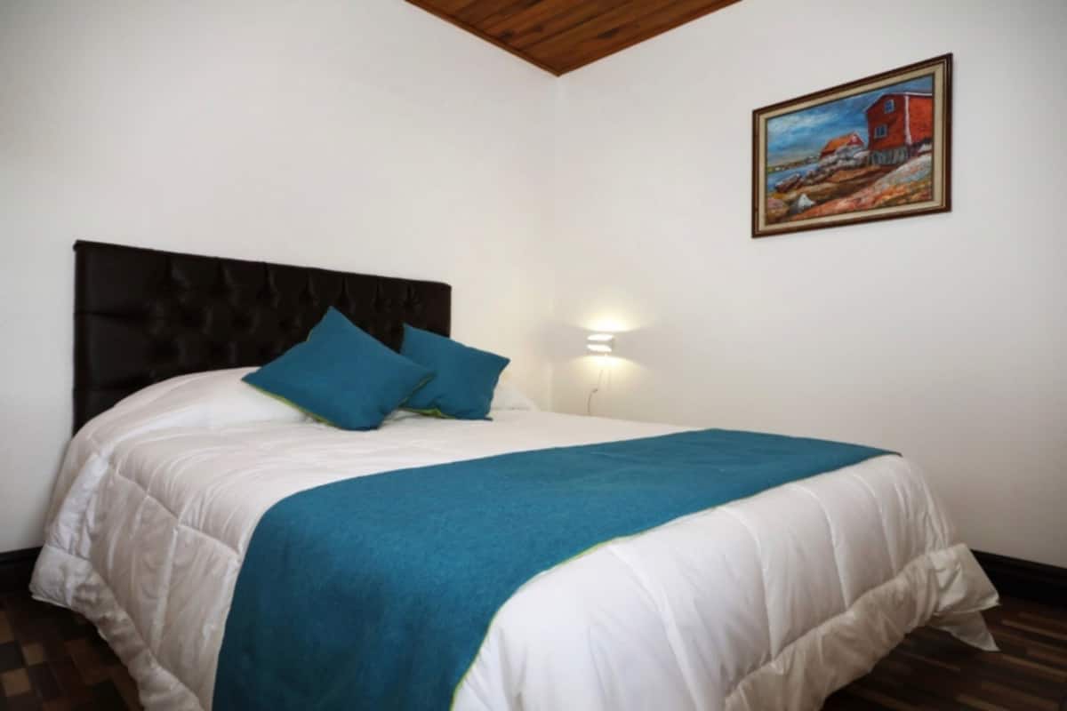 A neatly made bed with a white comforter and teal accents, a dark headboard, and a painting on the wall.