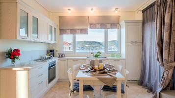 Full-size fridge, oven, stovetop, dishwasher