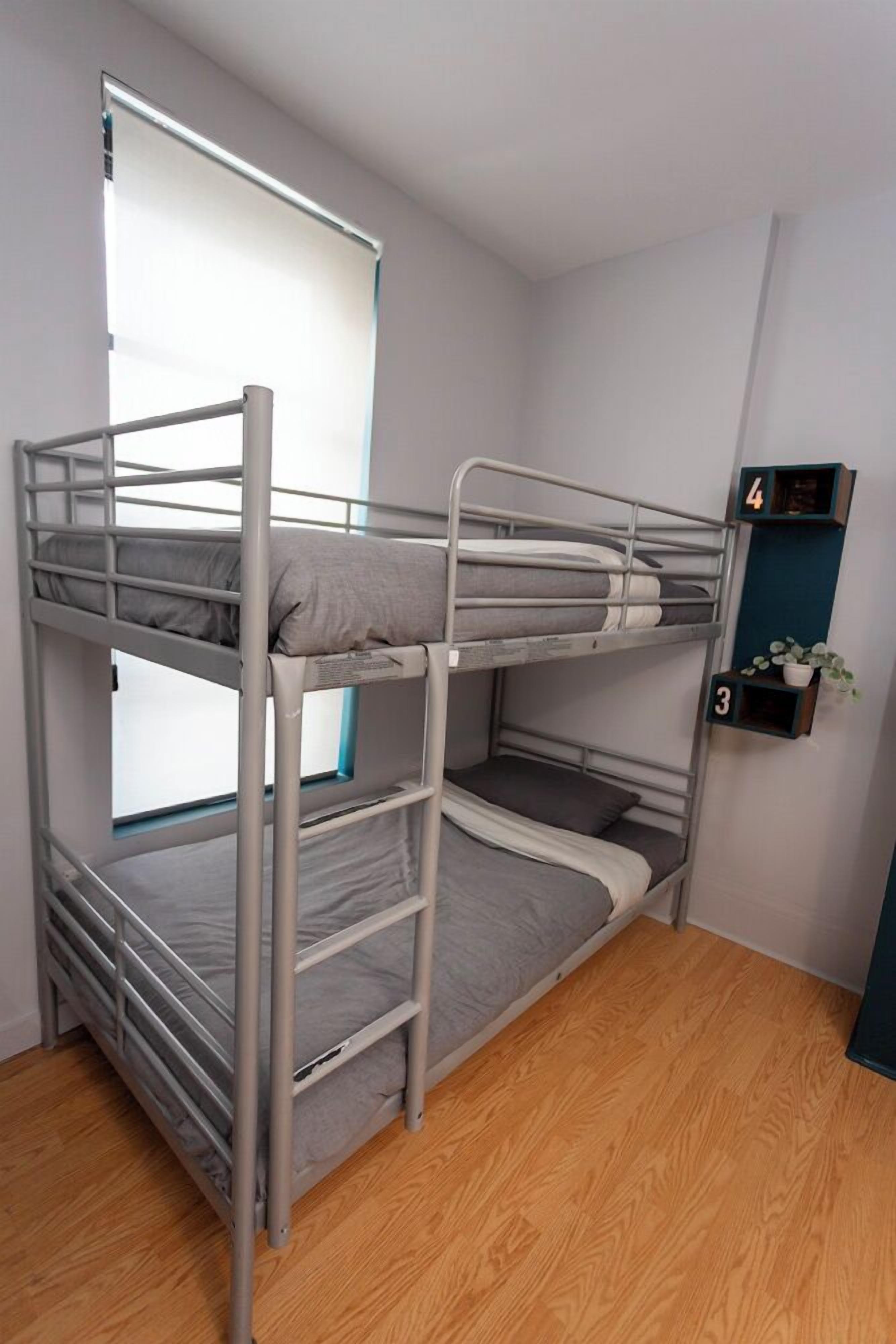 Habitación con literas, una ventana, una estantería con un reloj y una planta pequeña.