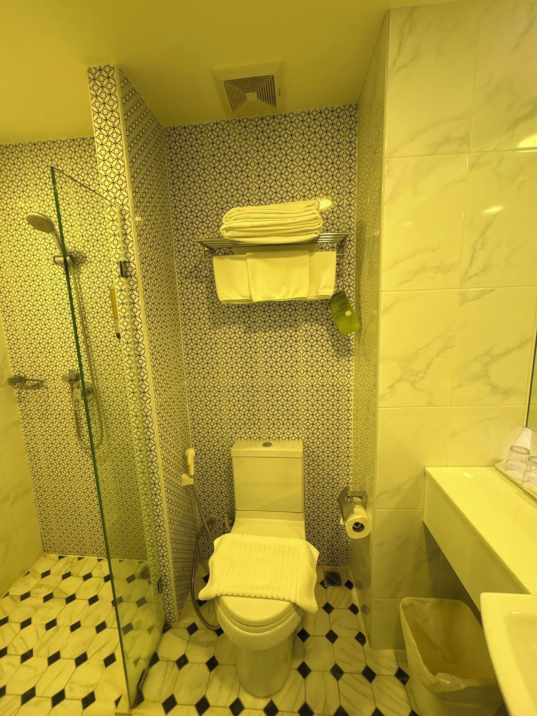 A bathroom with a patterned wall, a toilet, a glass shower enclosure, and a towel rack.
