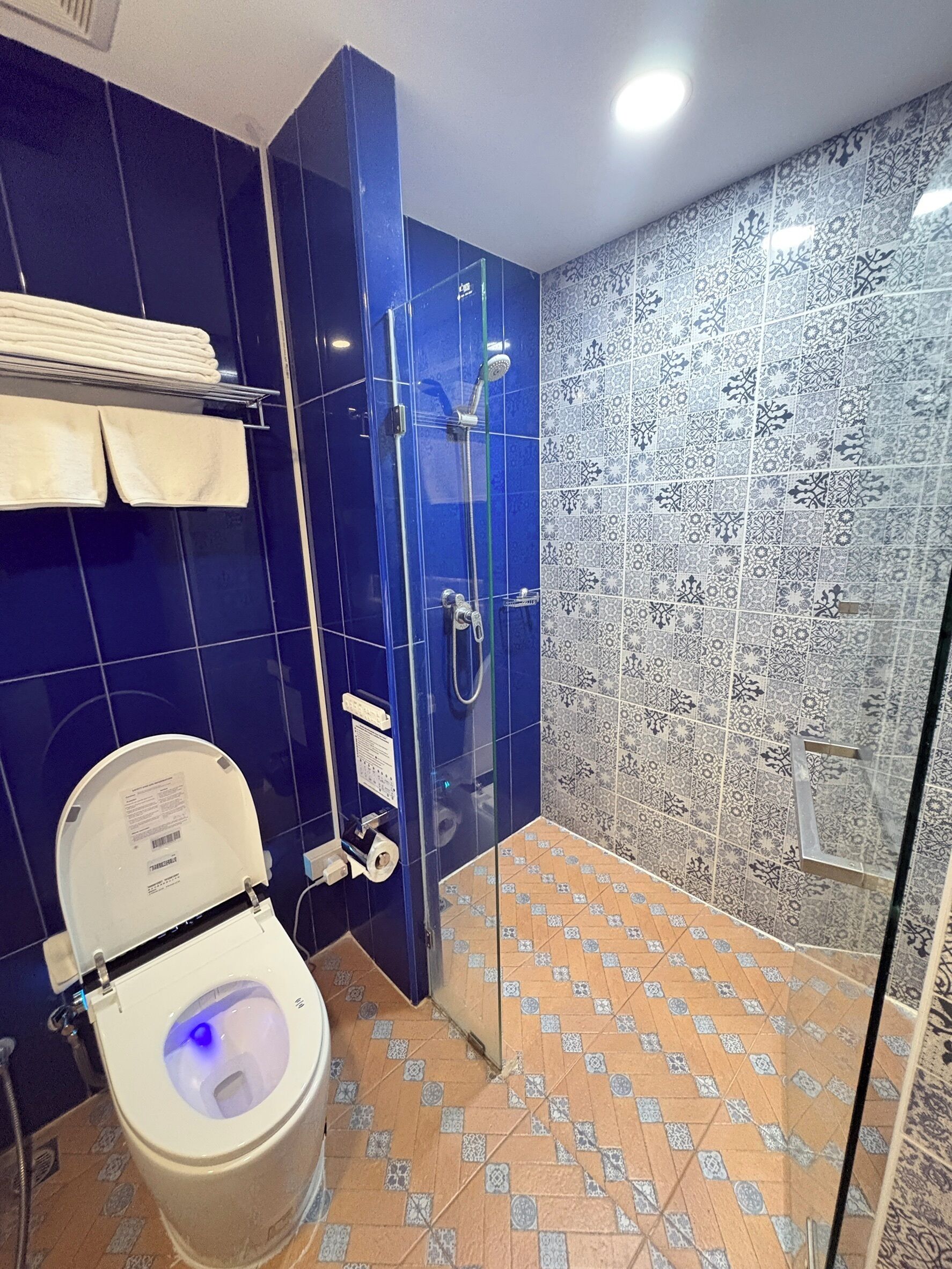 A bathroom with a toilet, a shower, and a patterned wall.