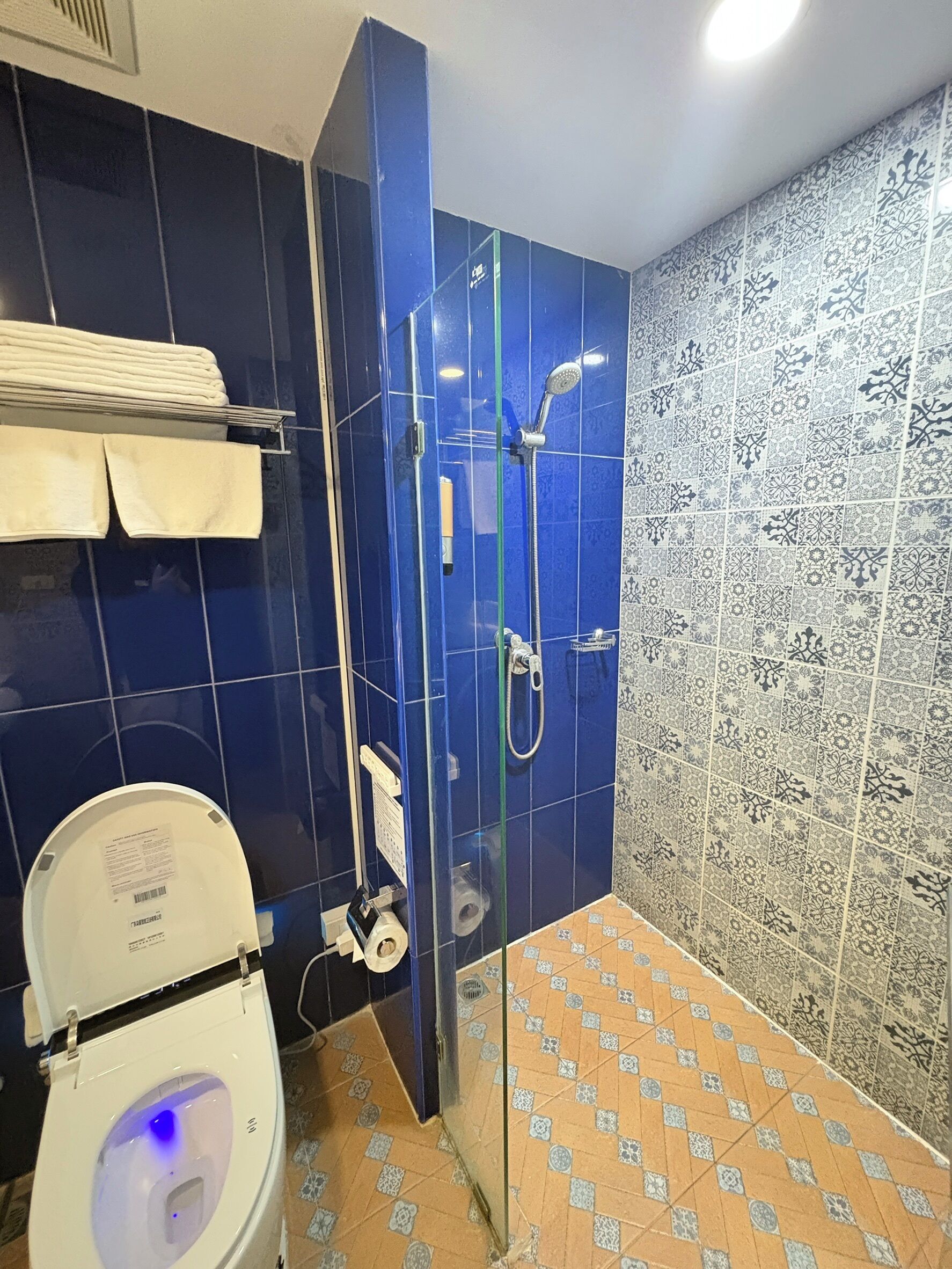 Une salle de bain comprenant des toilettes, un espace douche et des carreaux décorés.