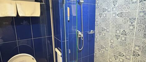 A bathroom with a toilet, a shower enclosure, and patterned tiles.
