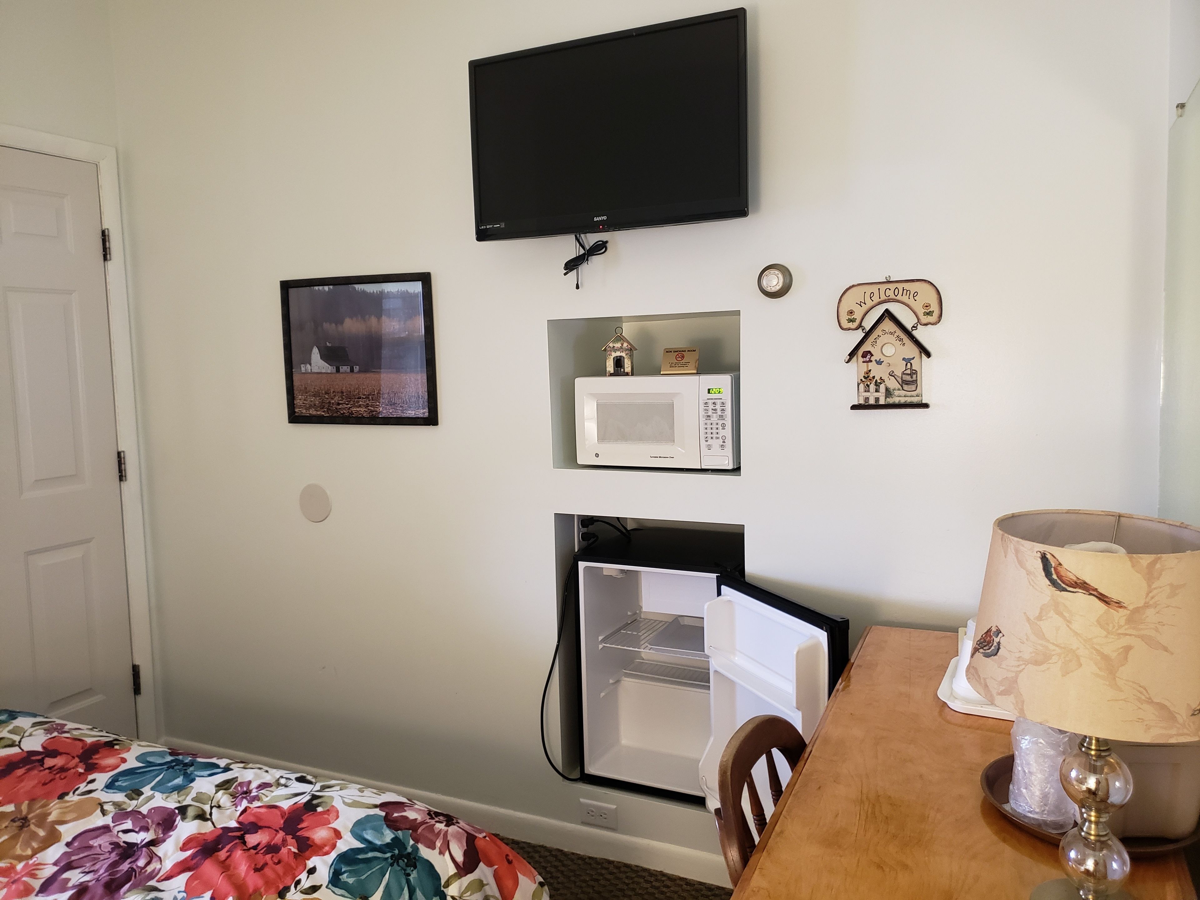 A room with a bed, a TV, a microwave, a refrigerator, and a lamp.