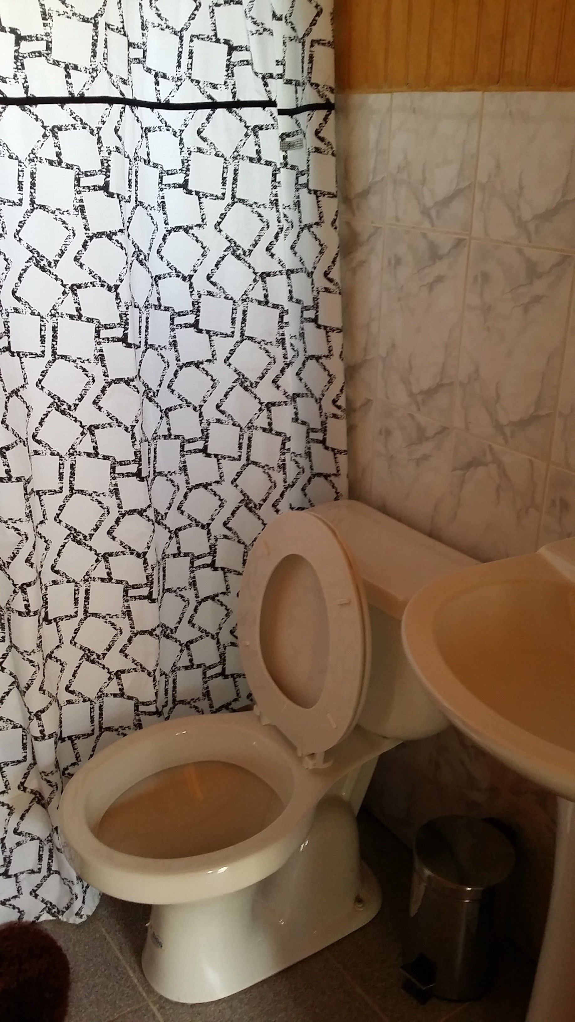 A bathroom with a toilet, a sink, and a trash can.