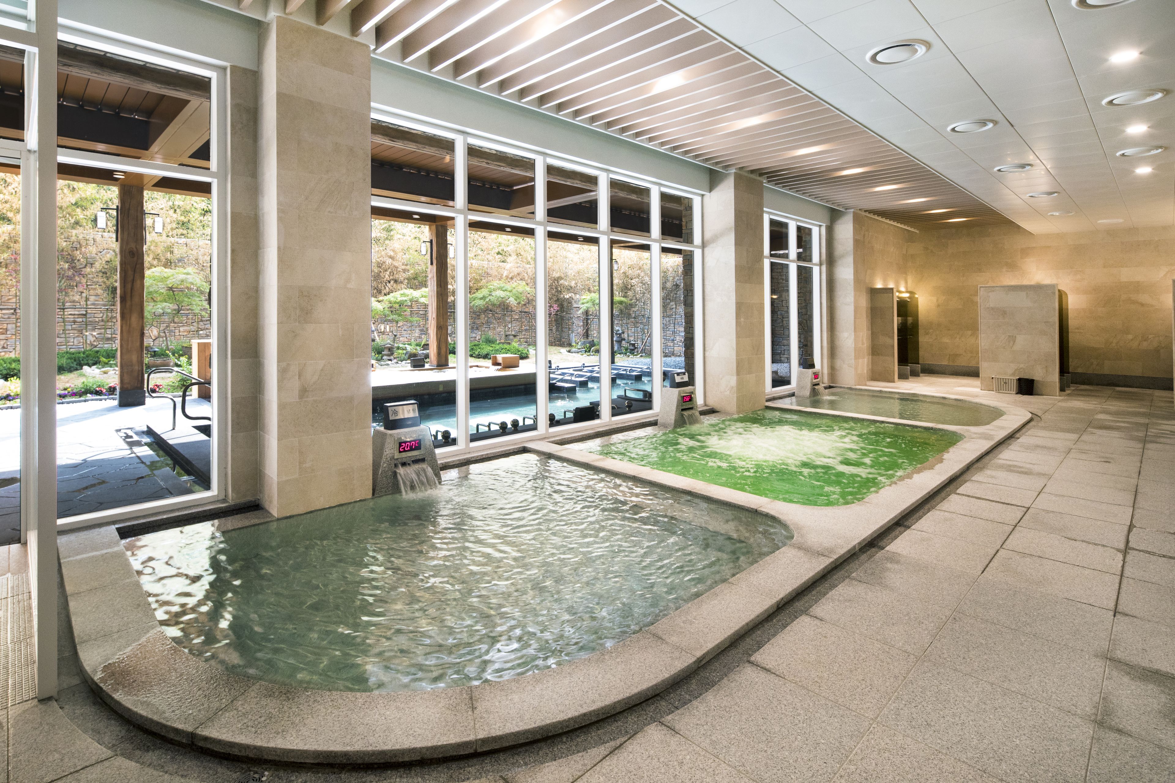 A spa area with two hot tubs and a view of a garden.