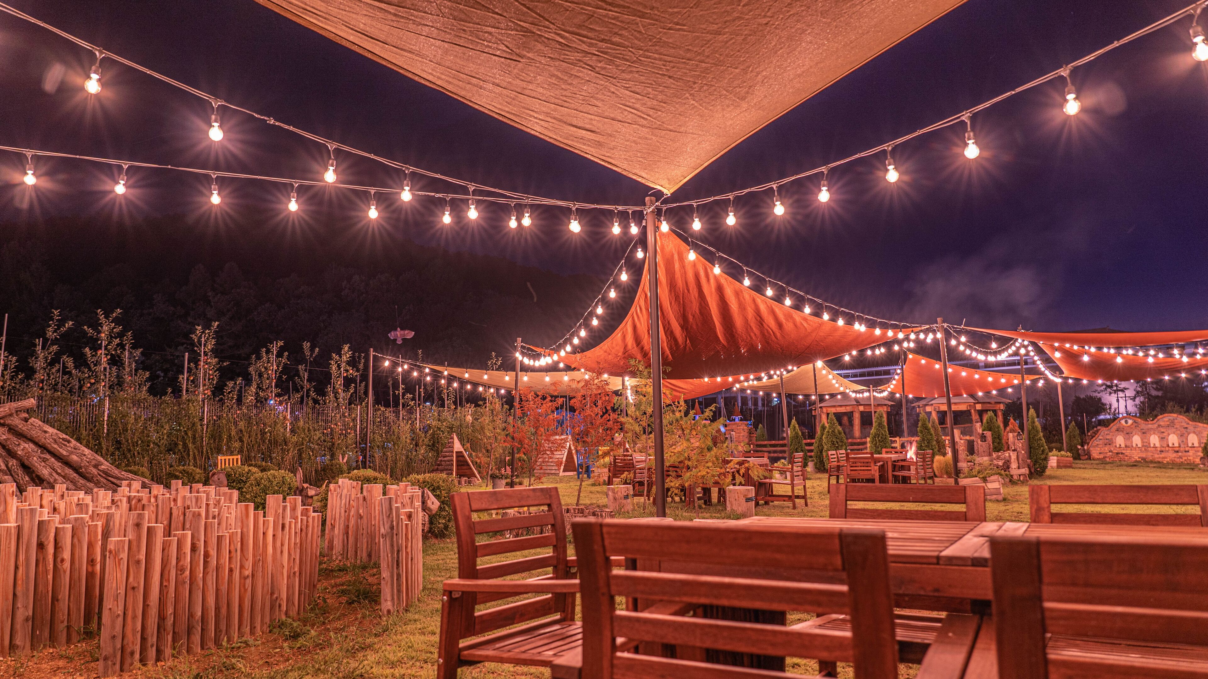 Un área de estar al aire libre con bancos y mesas de madera, luces colgantes y un toldo.