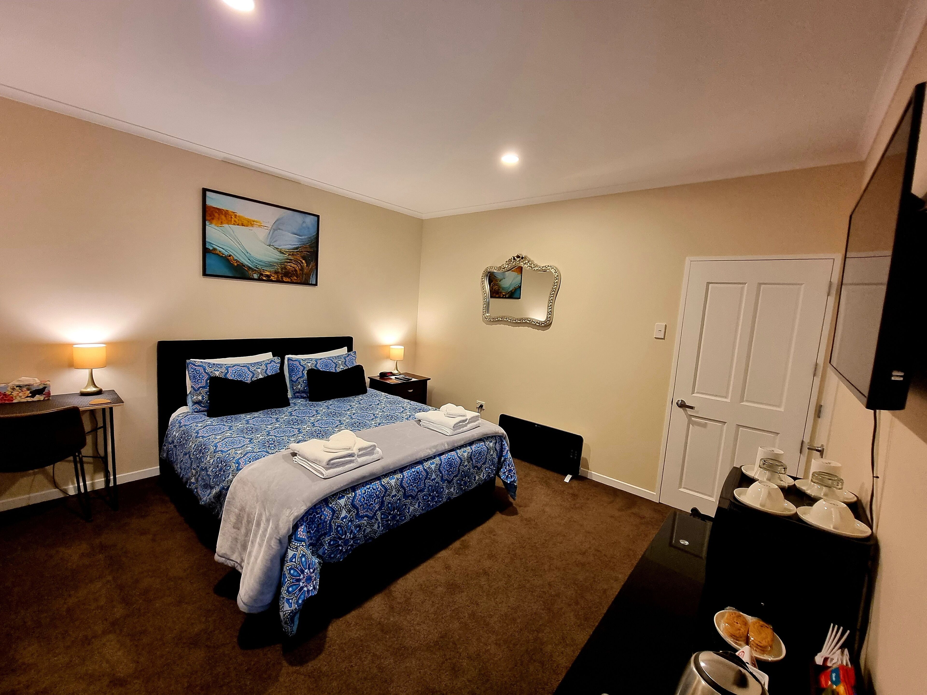 Desk, laptop workspace, blackout curtains, soundproofing