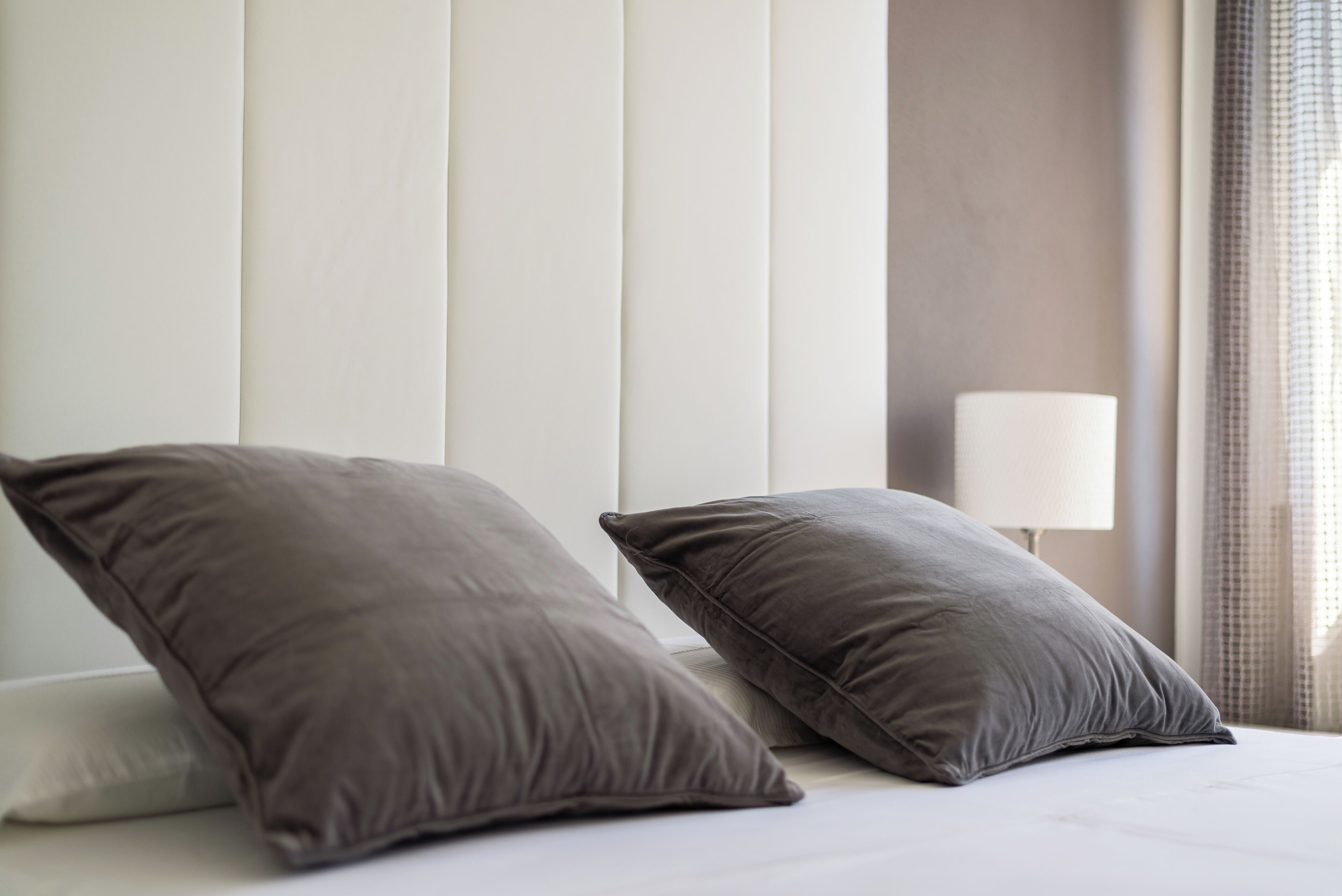 A bed with two pillows and a bedside lamp.