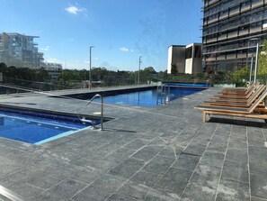 Indoor pool, outdoor pool, pool loungers