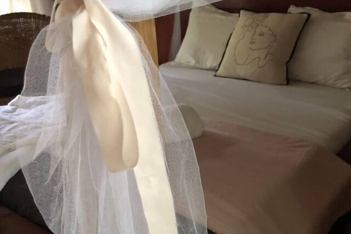 A bed with a white bedspread and a canopy with a white ribbon tied at the top.