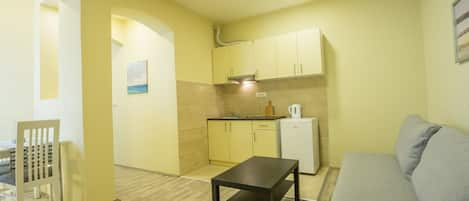 Apartment | Private kitchen | Fridge, stovetop, coffee/tea maker, electric kettle