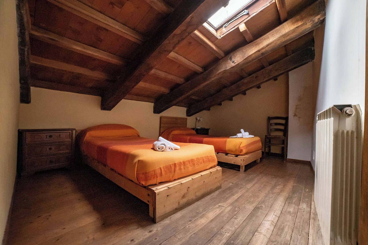 A room with two wooden beds, a wooden dresser, and a skylight.