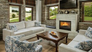 A spacious living room with a fireplace, comfortable seating, and large windows offering a view of the outdoors. - Vintage Suites Trikala (Trikala)