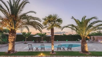 Un área de piscina con palmeras, sillas de descanso y un sendero de piedra.
