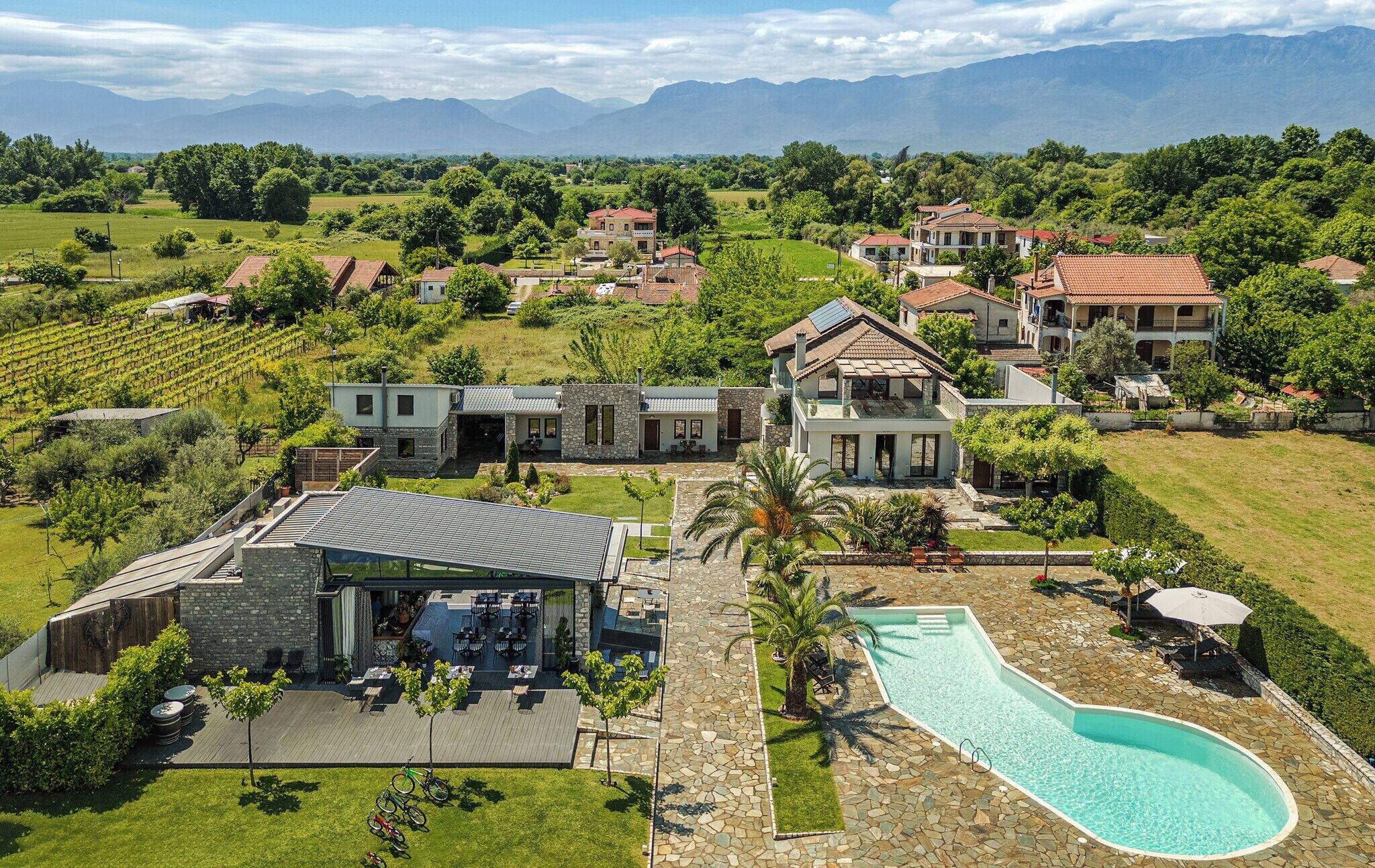 A large estate with a swimming pool, outdoor seating, and a vineyard.