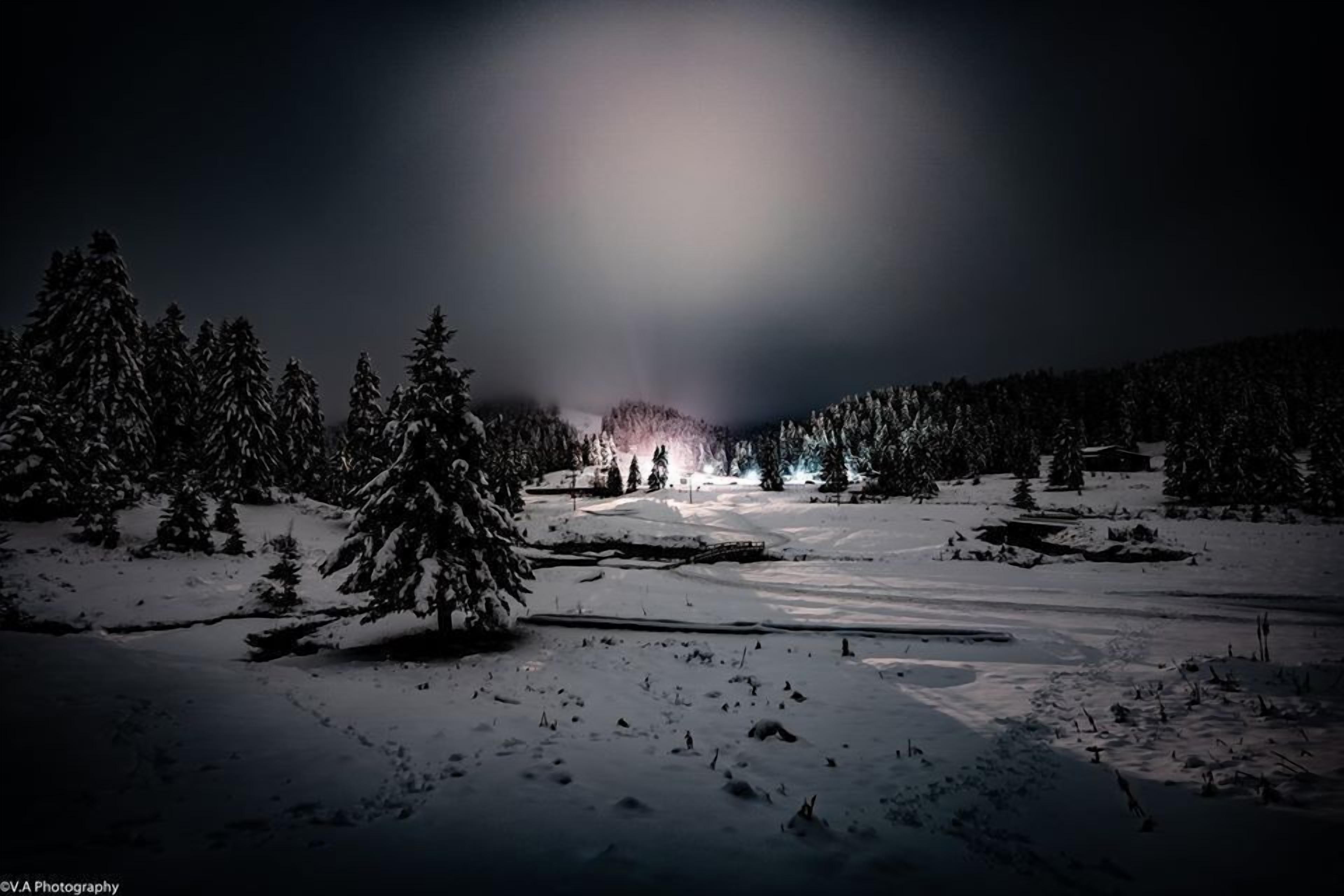 A snowy landscape with a cabin in the distance.