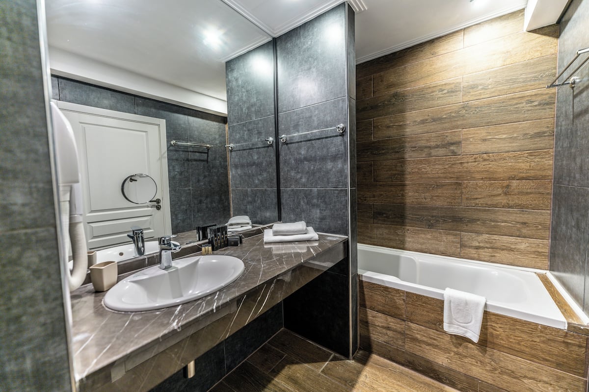 combined shower/bathtub, free toiletries, hair dryer, bathrobes