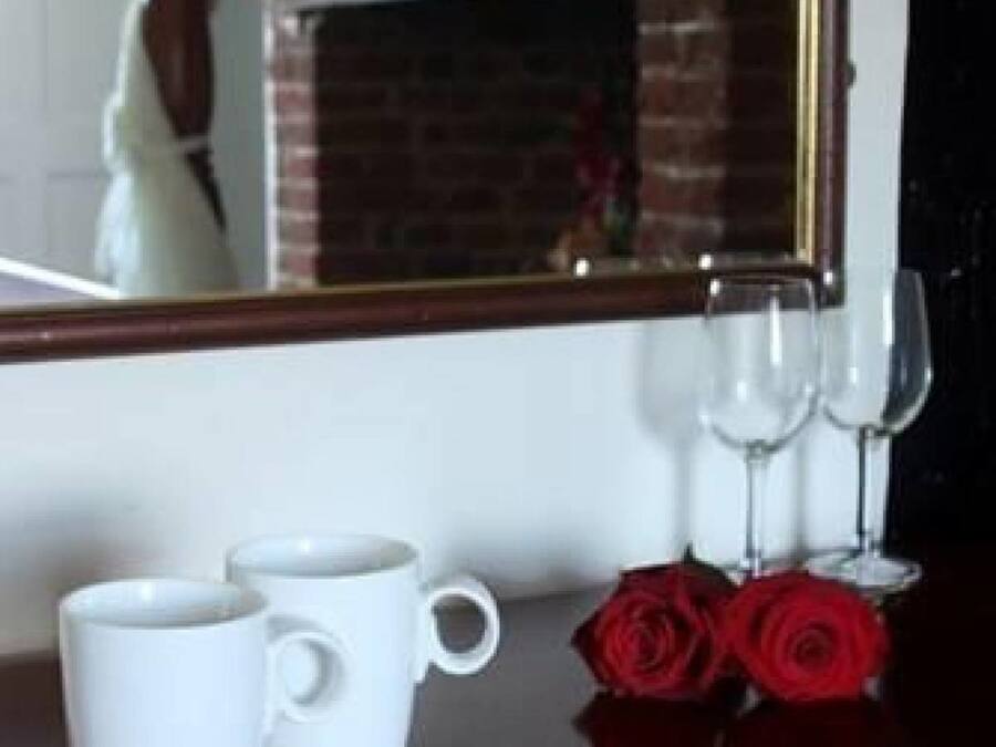 A table with two white mugs, a plate of cookies, and three red roses.
