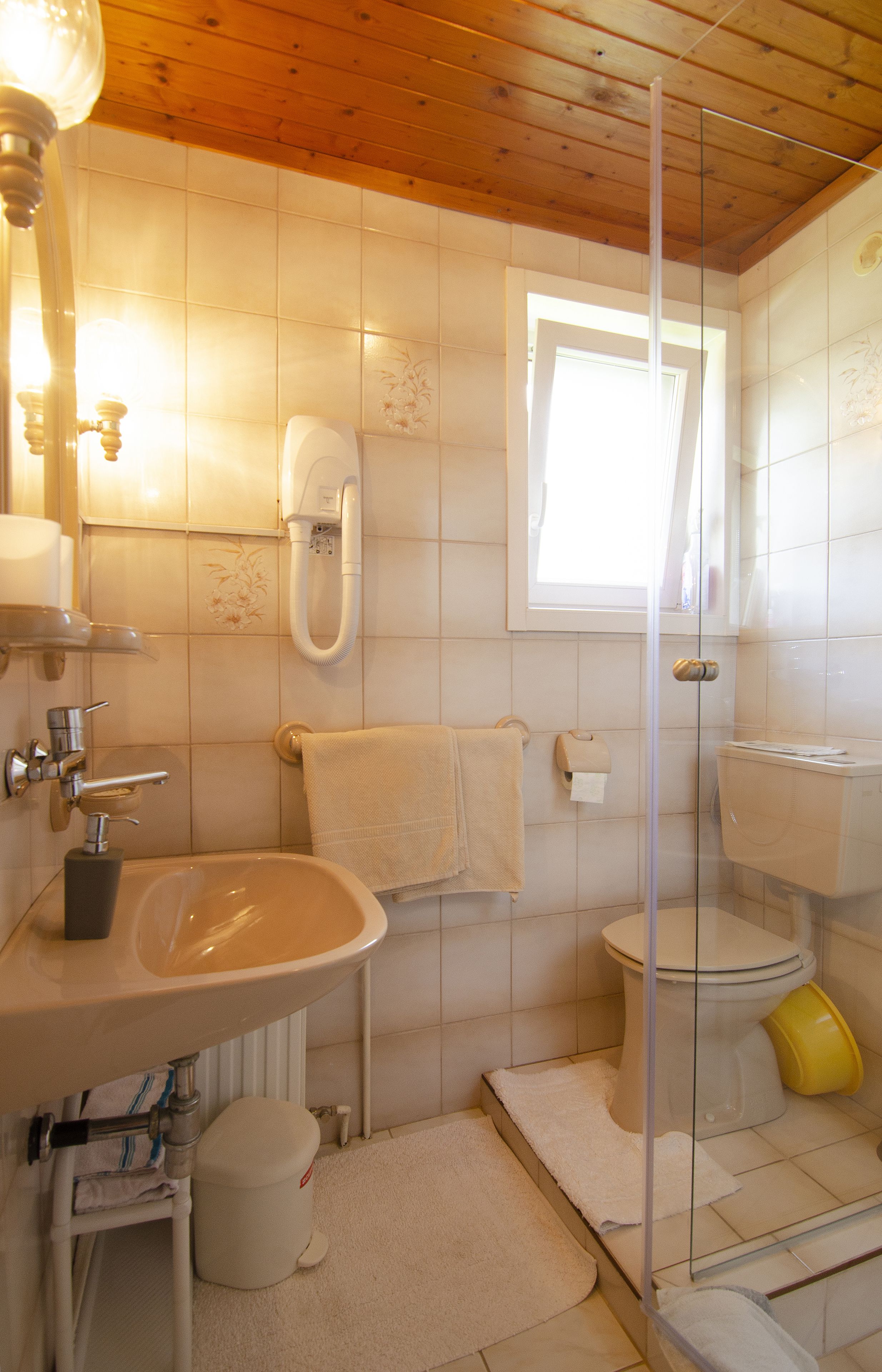 Ein Badezimmer mit Waschbecken, Toilette und Dusche.
