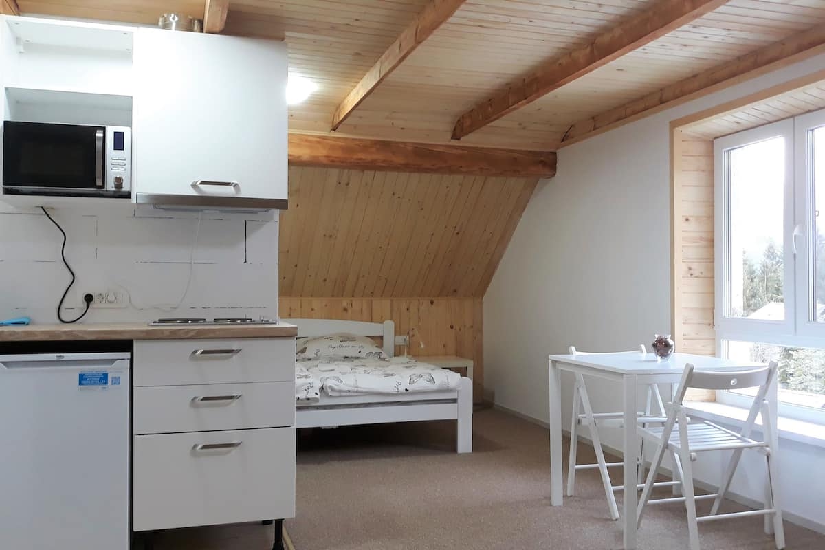 A small, compact room with a kitchenette, a bed, a desk, and a window.