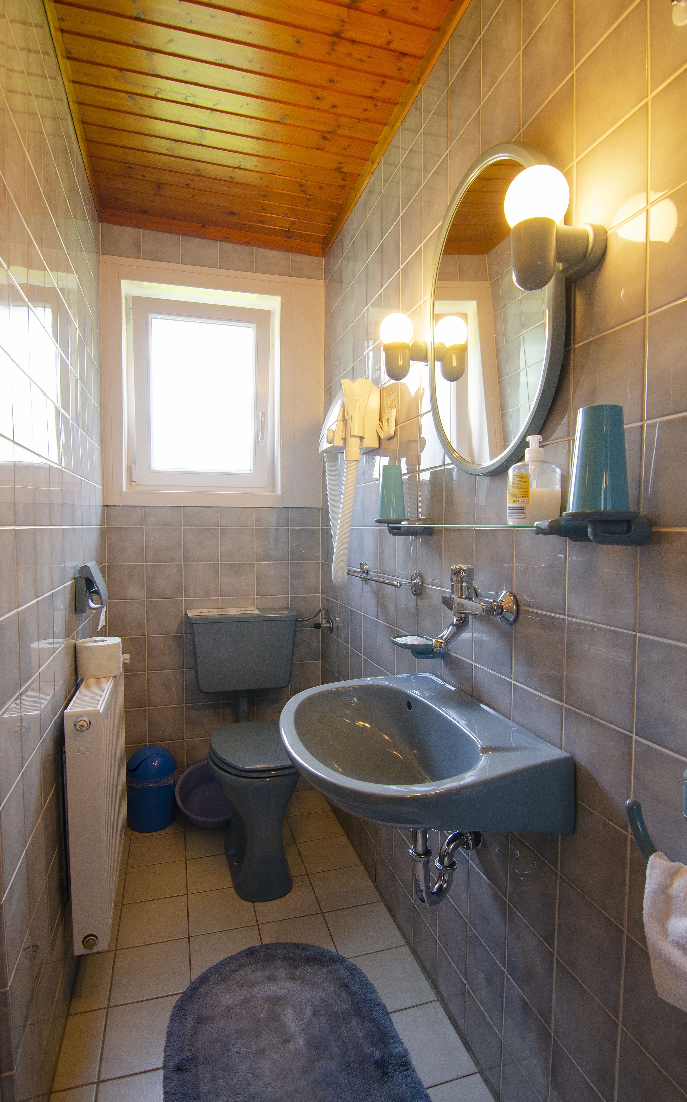Une salle de bain avec un lavabo, des toilettes et un miroir.
