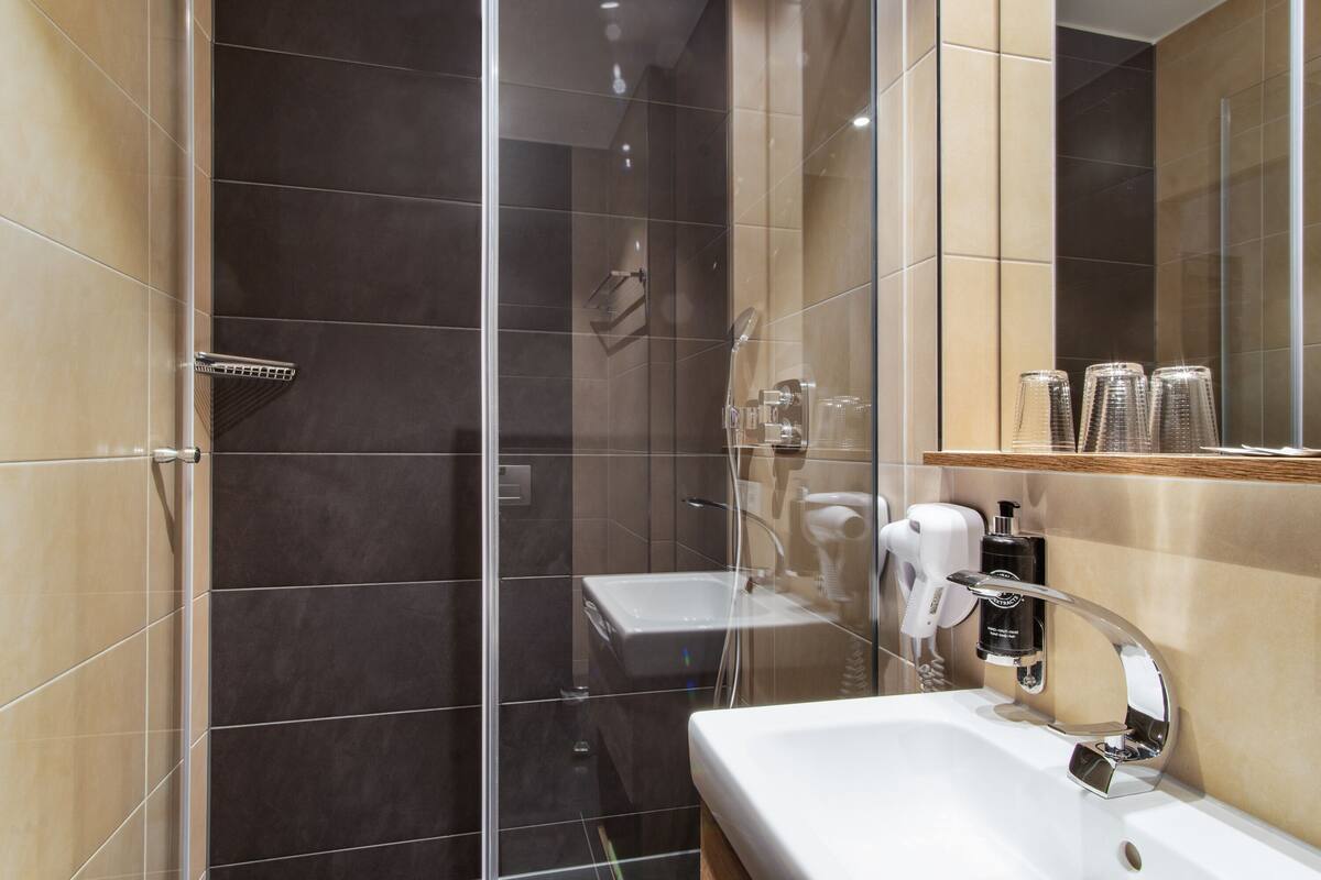 shower, free toiletries, hair dryer, towels