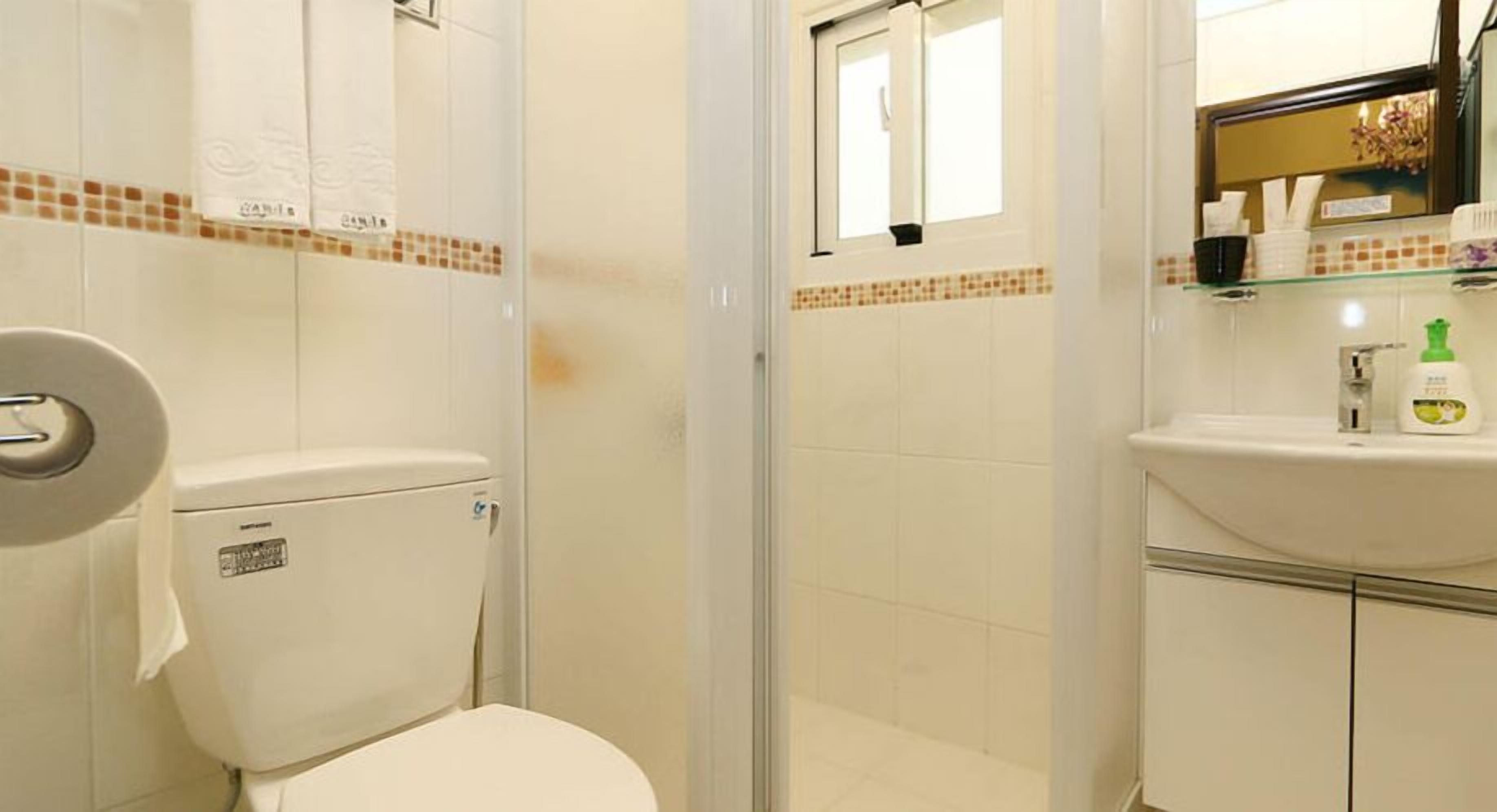 Een badkamer met toilet, douchecabine en wastafel met toiletartikelen.