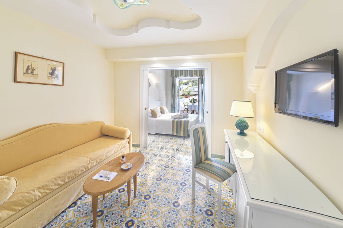 A hotel room with a sofa, a small table, a chair, a TV, and a view of the garden through a window.