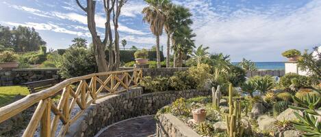 Un sentiero in pietra conduce a un ponte di legno sopra un giardino con cactus e palme, con vista su uno specchio d'acqua.