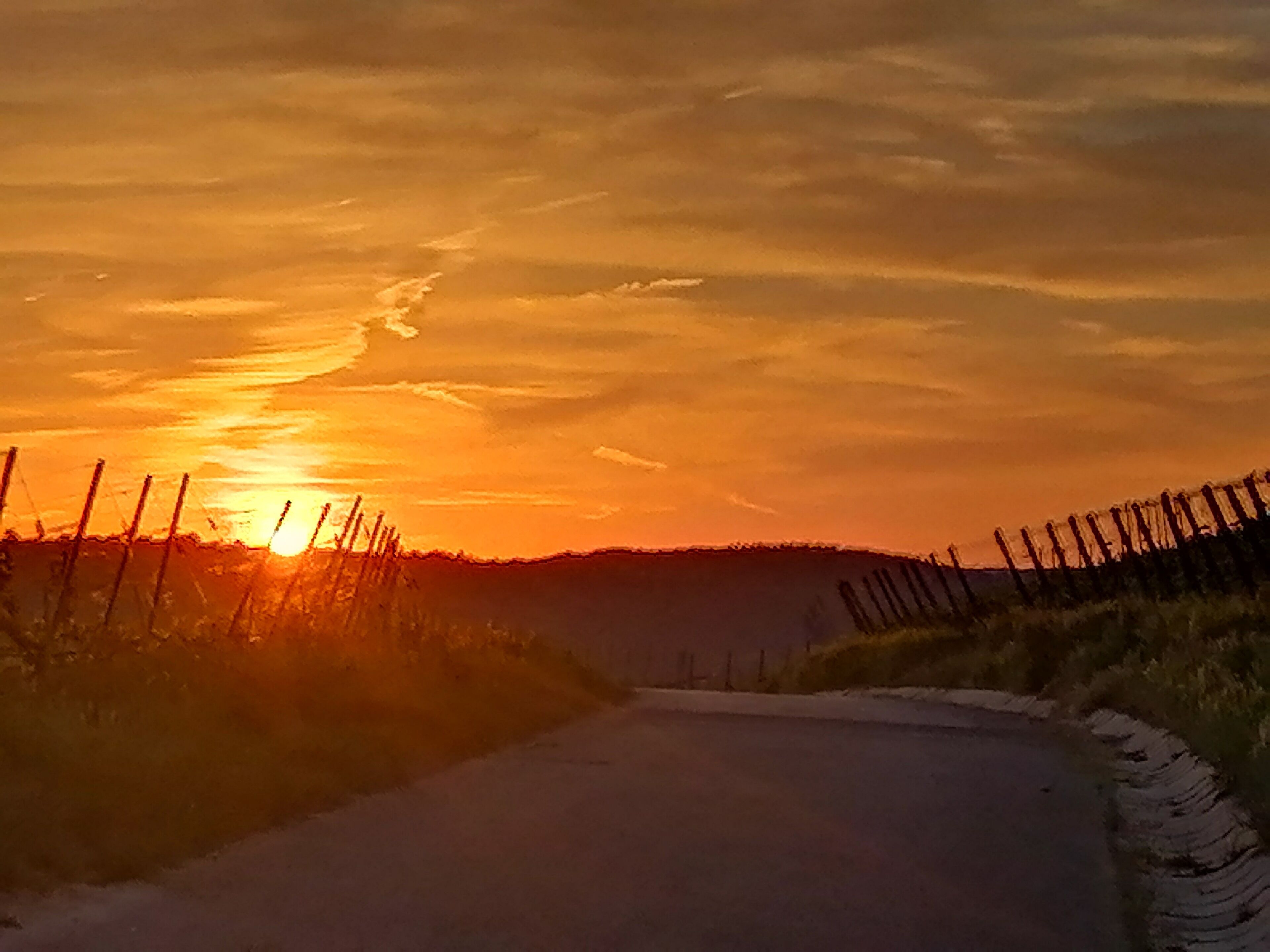 En landevej med et hegn langs den ene side og en solnedgang i baggrunden.