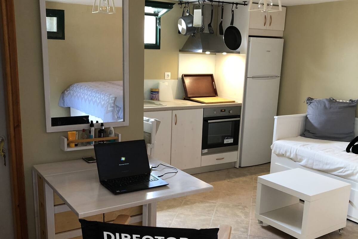 A compact living space with a kitchenette, a dining area, and a small office setup.
