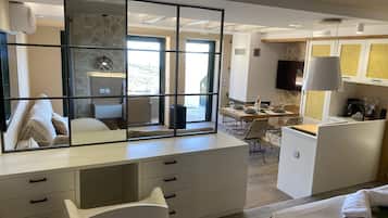 Laptop workspace, blackout curtains, iron/ironing board