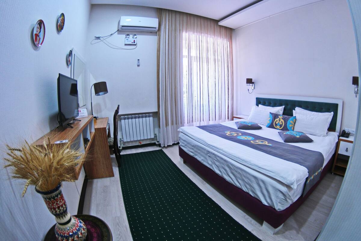Une chambre d’hôtel équipée d’un lit, d’un bureau, d’une télévision, d’un climatiseur et d’un radiateur.