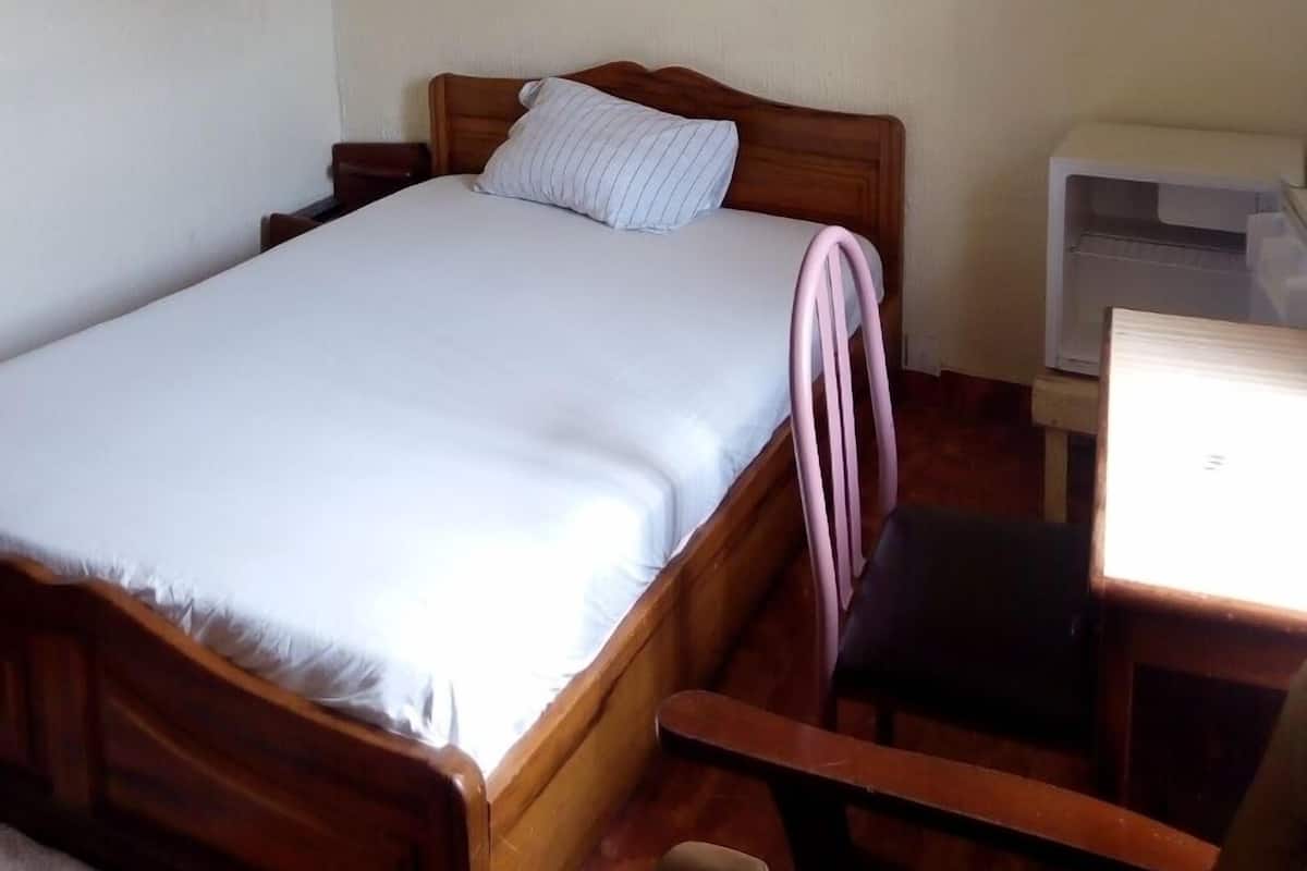 A single bed with a wooden frame and a white mattress, a small desk with a chair, and a ceiling fan.