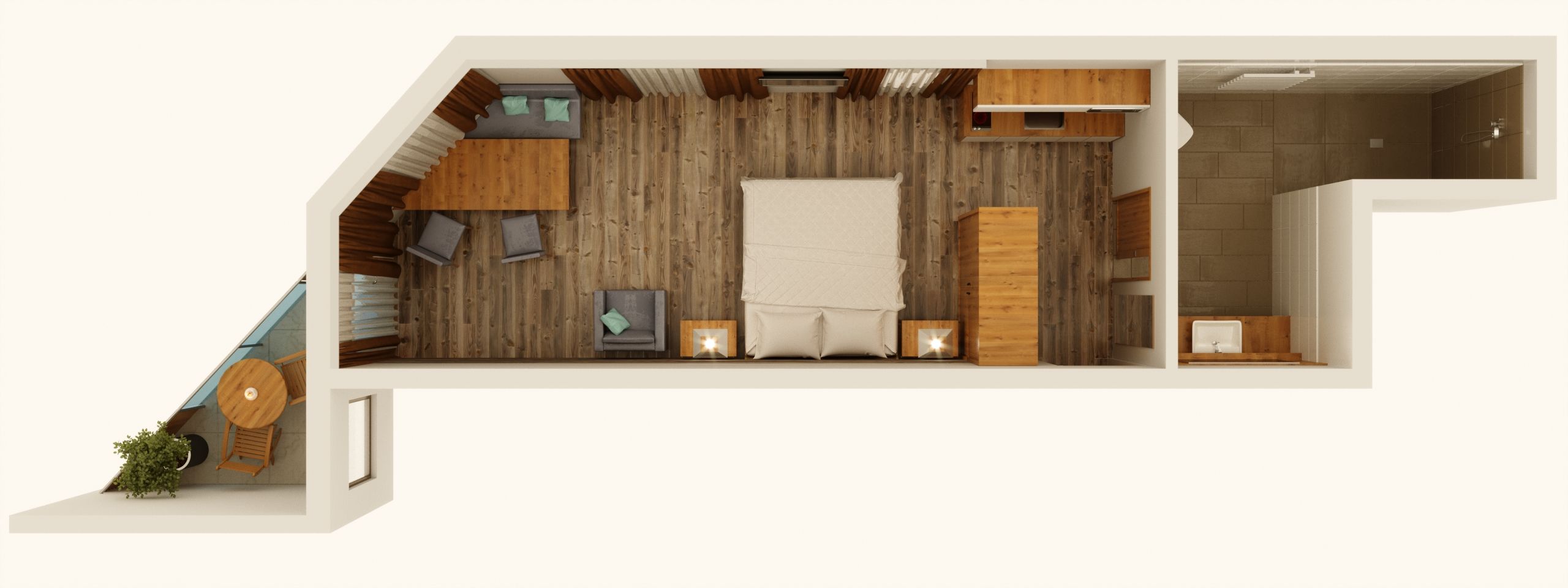 Plano de planta de una habitación de hotel con cama, zona de estar y una pequeña kitchenette.