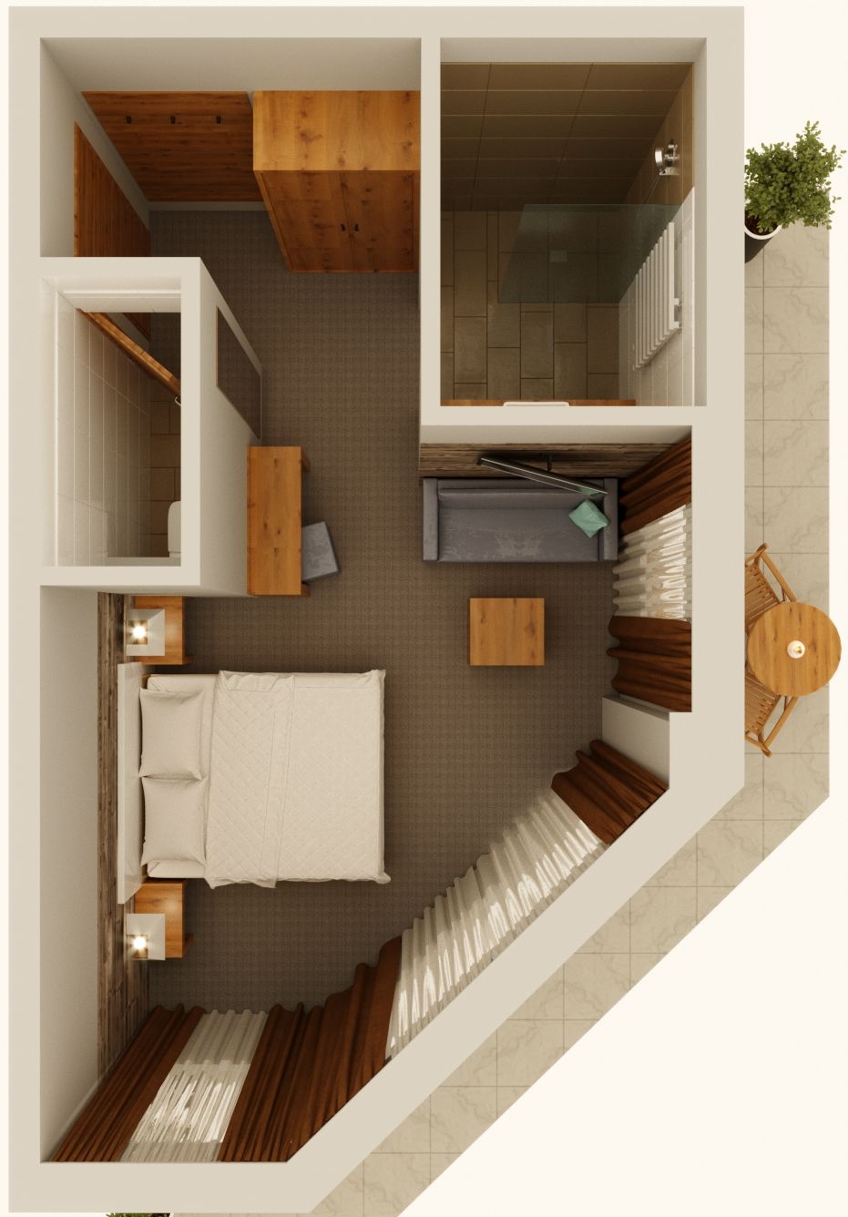 A 2-bedroom apartment layout with a living area, kitchen, and a balcony.