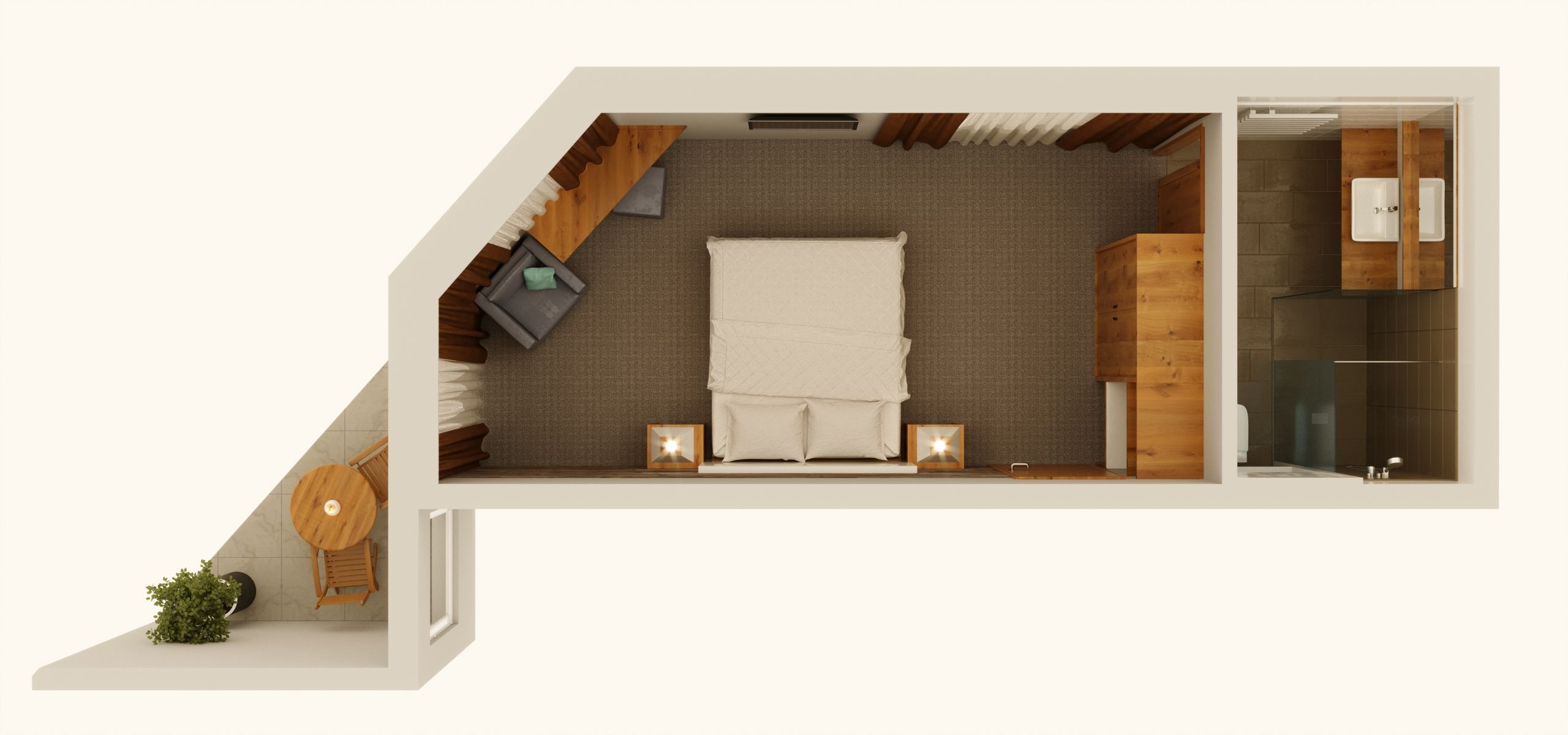 A bedroom with a bed, bedside tables, a nightstand, and a small seating area with a table and chairs.