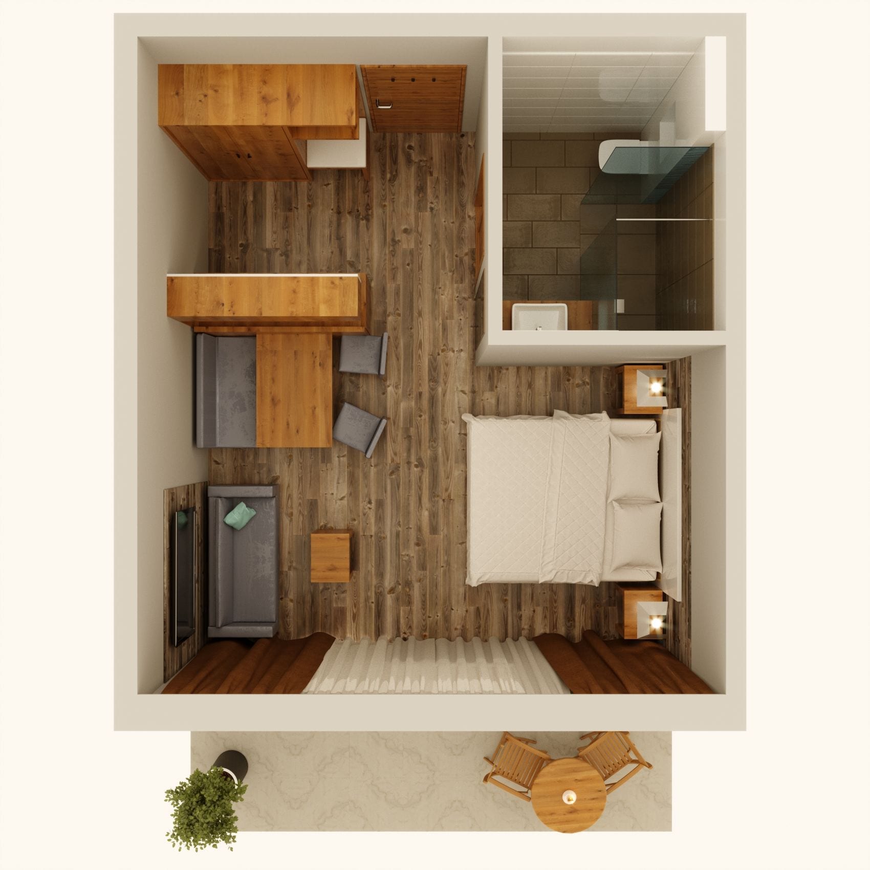 Ein kleines Hotelzimmer mit Holzboden, einem Bett mit weißer Bettdecke, einer Sitzecke mit Tisch und Stühlen, einem Einbauschrank und einem kleinen Balkon mit Blick.