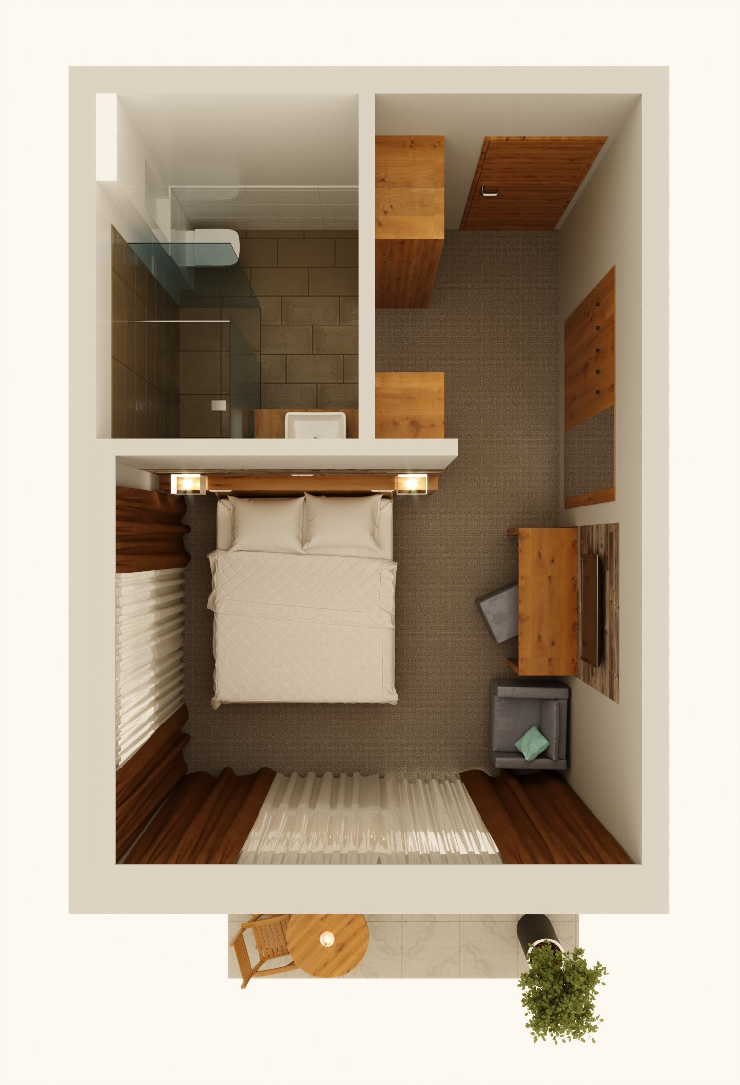Un dormitorio pequeño con cama, mesita de noche y un rincón de descanso.