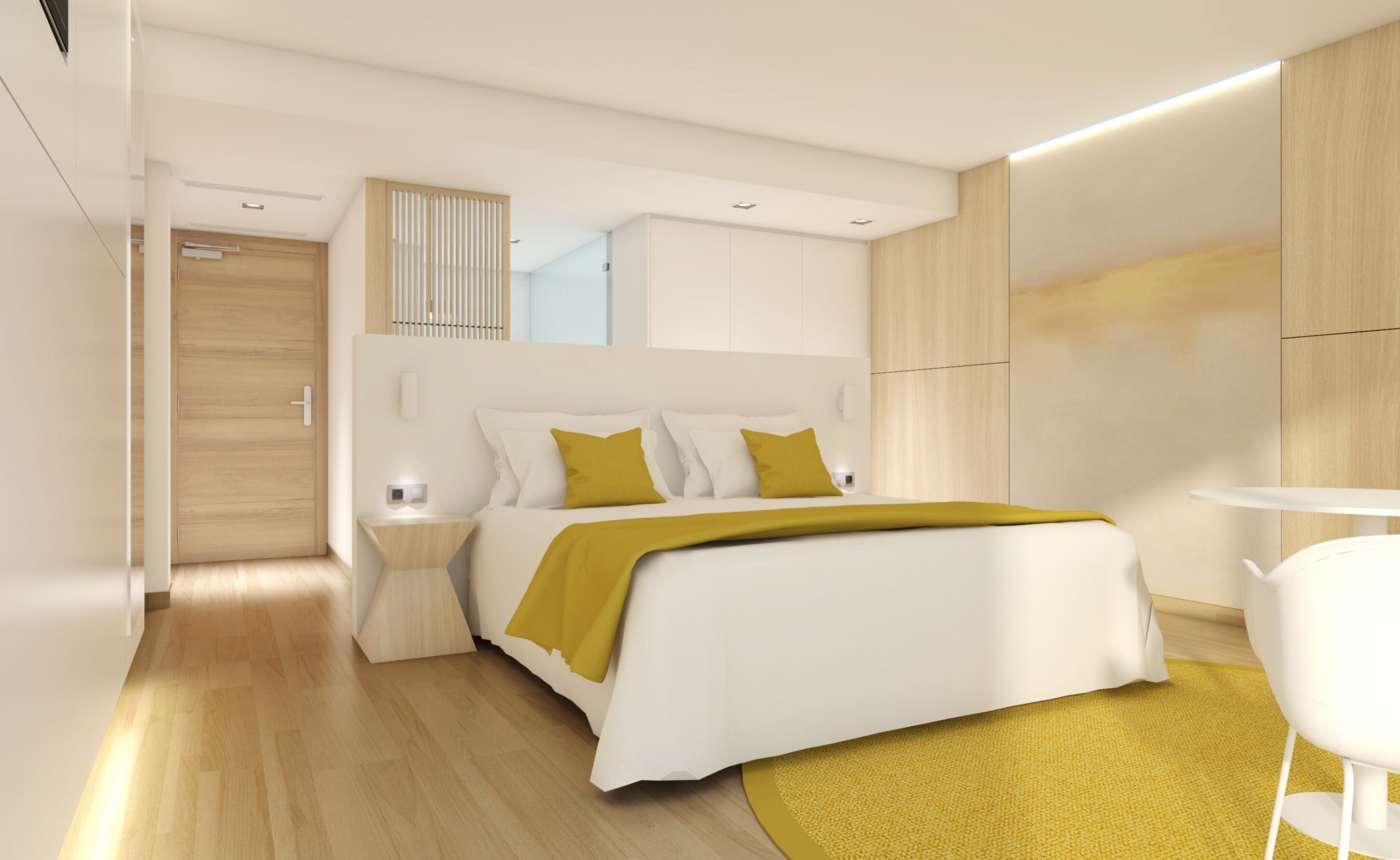 Ropa de cama de alta calidad y caja de seguridad en la habitación 