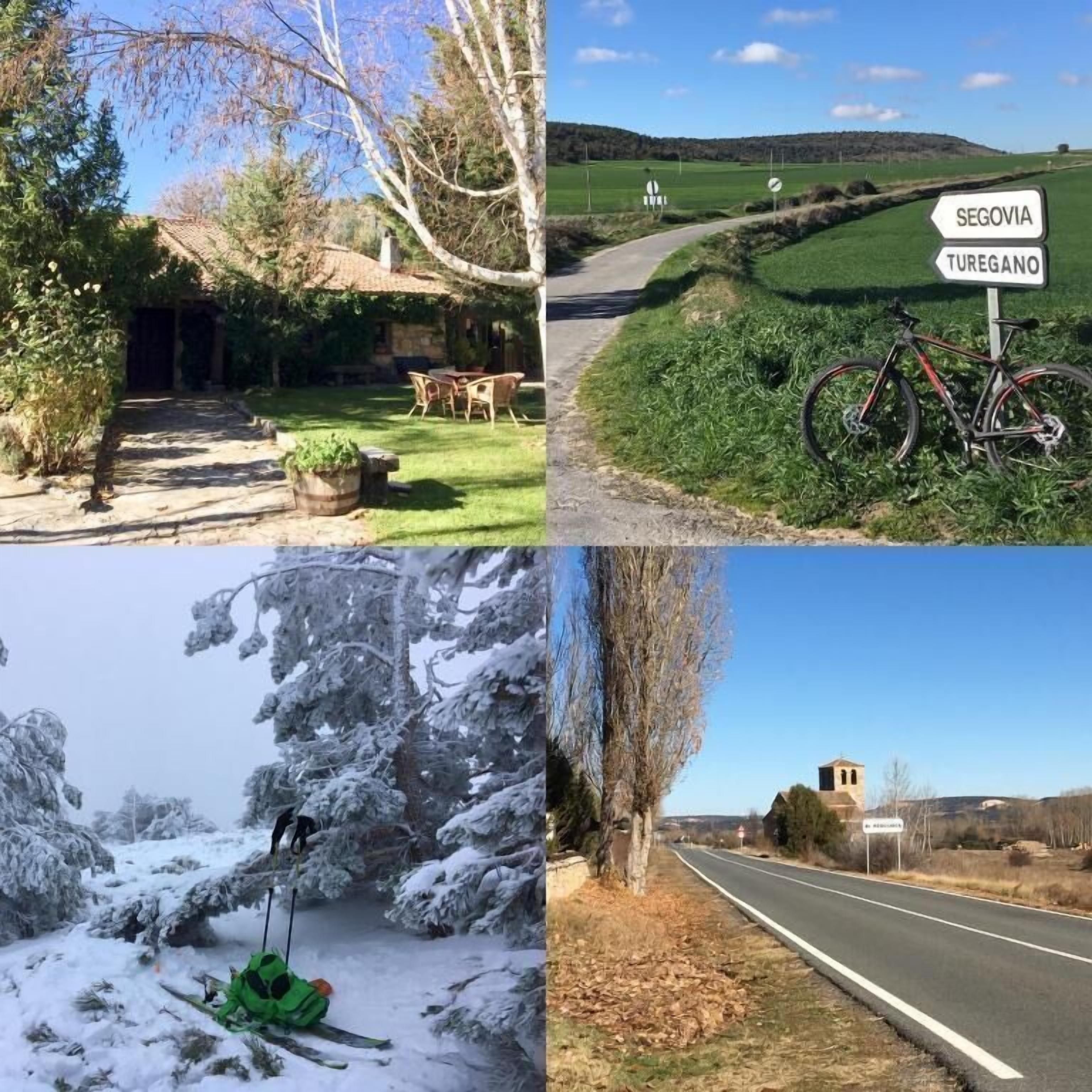 A rural setting with a stone house, a bicycle, and a sign indicating directions to Segovia and Turegano.