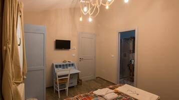 Quarto com cama, escrivaninha, cadeira, televisão e área de chuveiro.